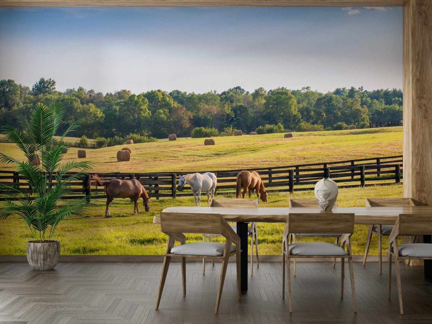 Horse pasture mural in golden daylight
