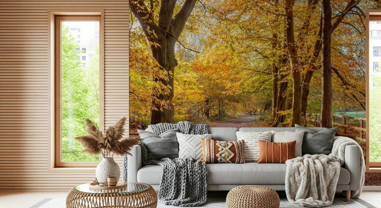 The serene Pathway Covered in Fall Leaves, perfect for home decoration.