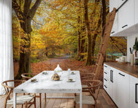 Pathway Covered in Fall Leaves scene for walls, inviting natural ambience.