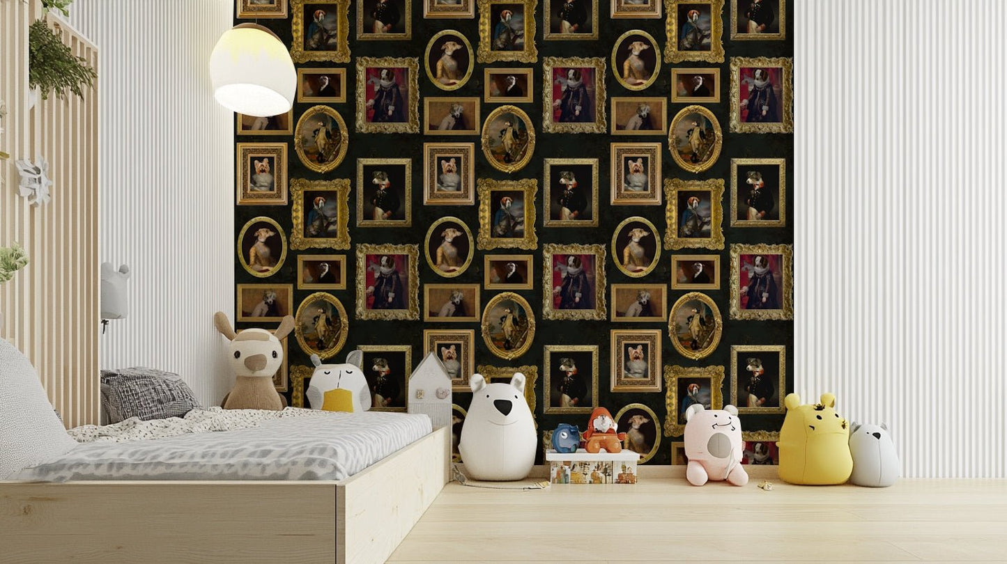 Pawtraits gallery mural for a fun living room.

