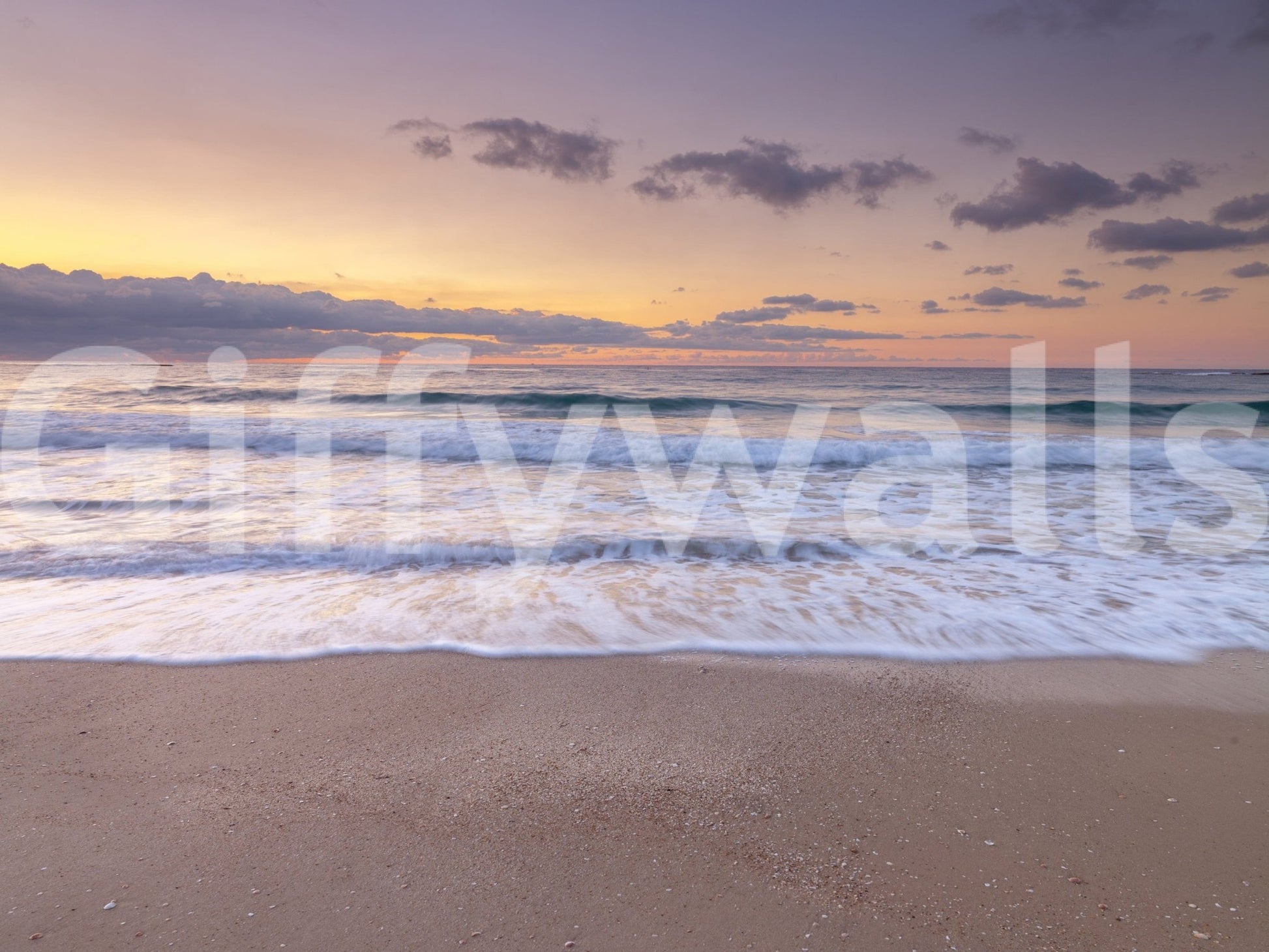 Peace at the Beach wallpaper mural shown as a full-wall render of golden sunset waves rolling onto sandy shore
