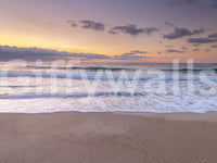 Peace at the Beach wallpaper mural shown as a full-wall render of golden sunset waves rolling onto sandy shore