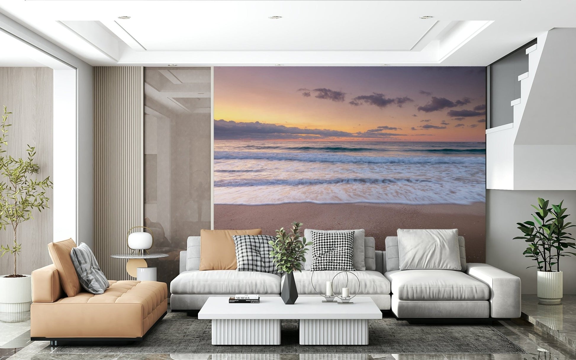 Peace at the Beach wallpaper mural of a golden sunset over ocean waves in a living room with a tan and white sectional