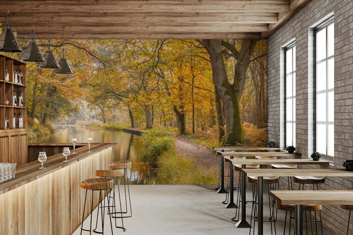 A wall mural featuring a peaceful, natural forest scene.


