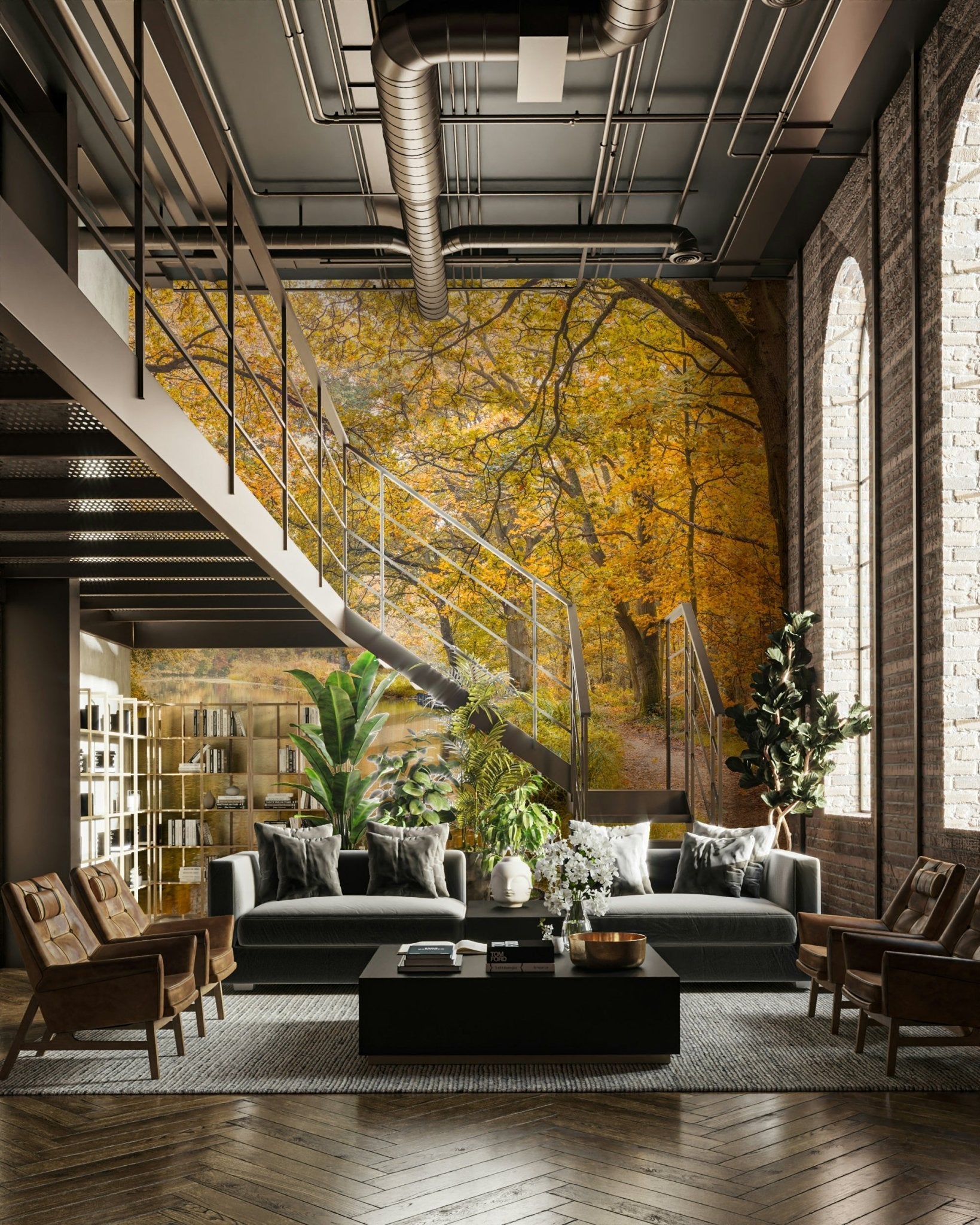 The water reflects the trees and sky, creating a mirrored effect.

