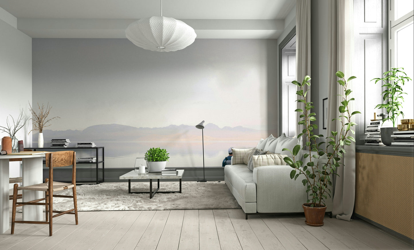  landscape wall art showing a calm morning on the water for a lounge.