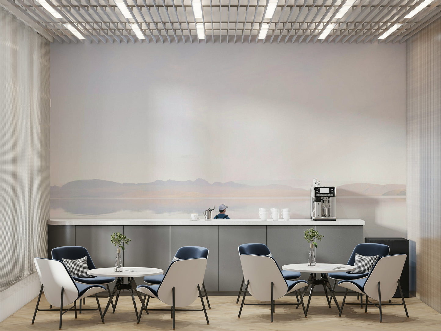 Peaceful Lake View design for an open plan lounge area with contemporary finishes.