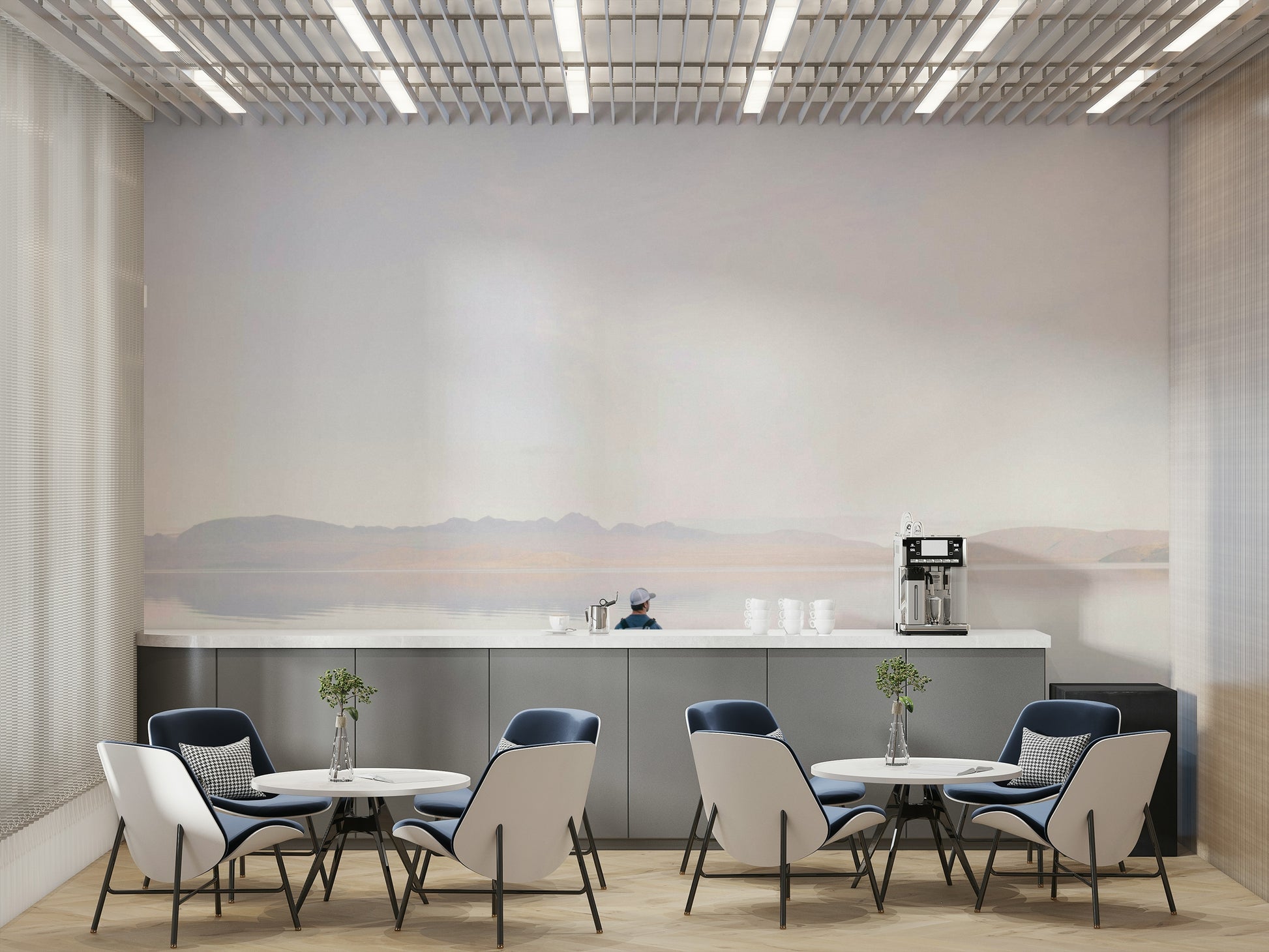 Peaceful Lake View design for an open plan lounge area with contemporary finishes.