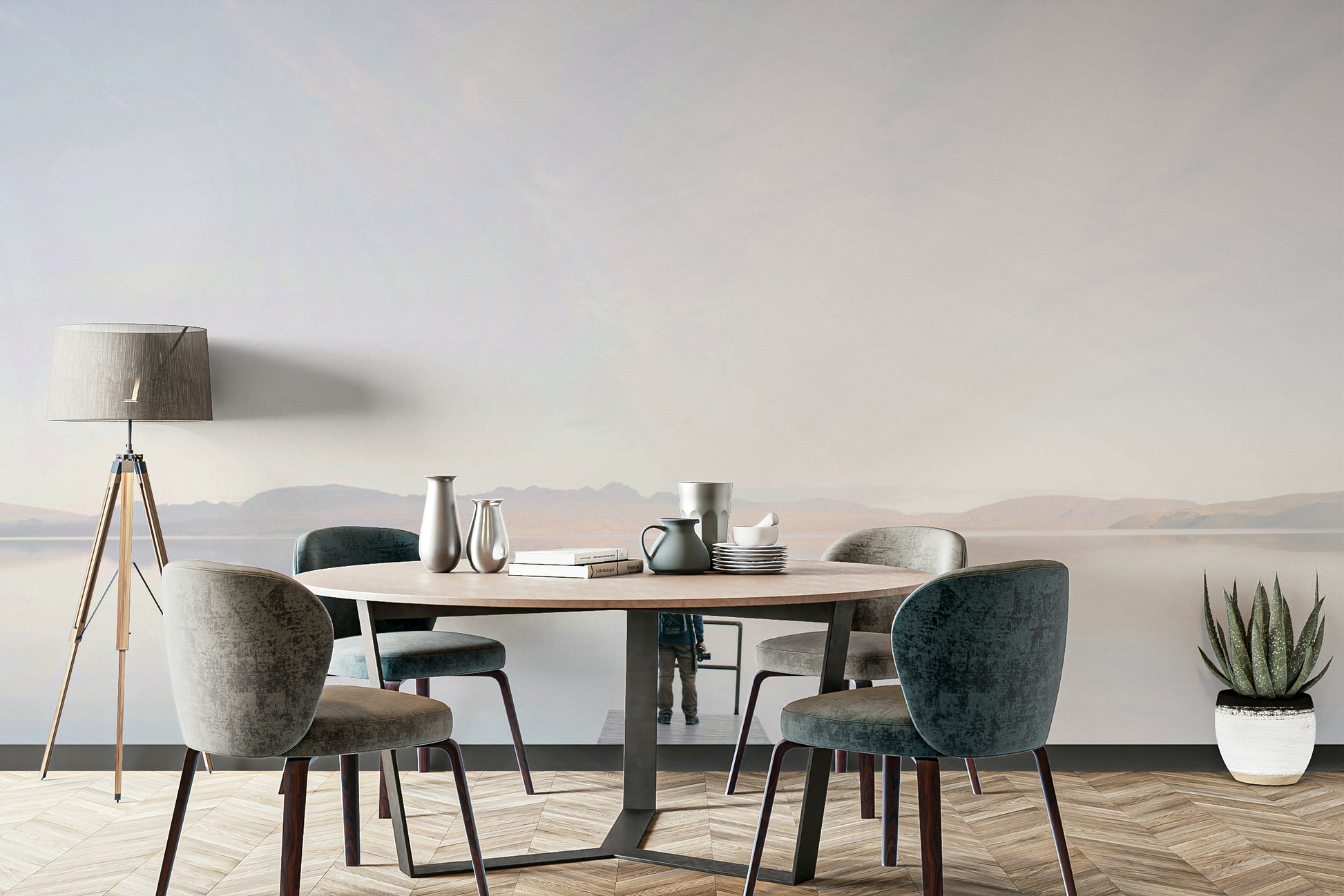 Peaceful Lake View mural in a coastal living space with cool blue and white colour tones.