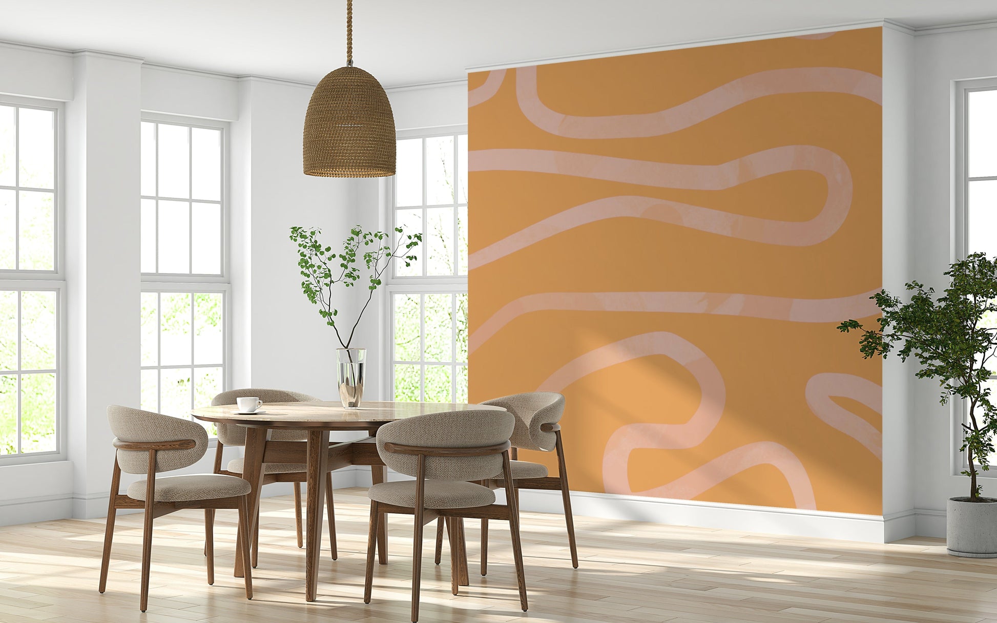 Warm salmon color abstract mural gentle curve pattern flowing.