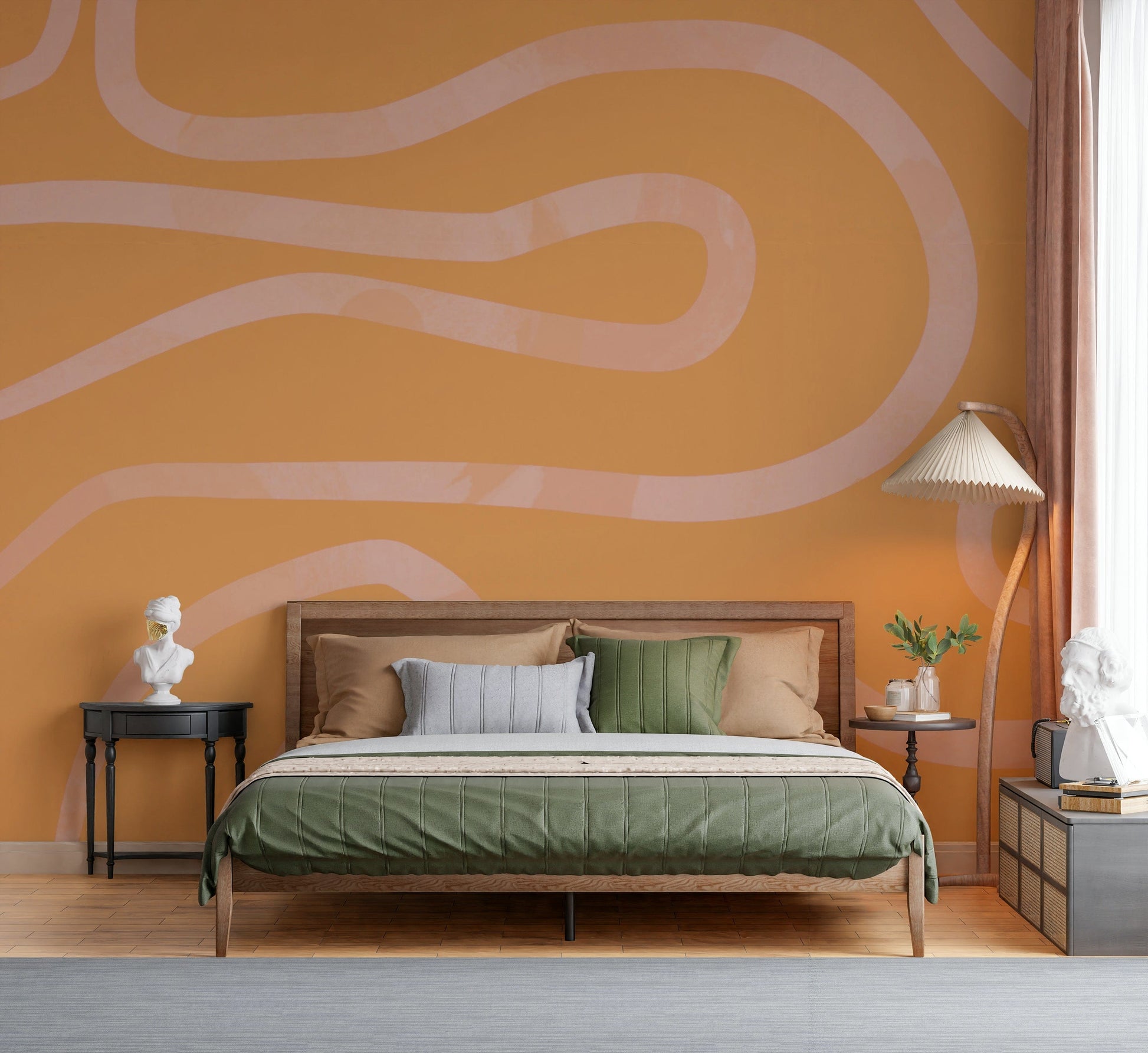 Soft peach color flowing line wall mural serene modern aesthetic.