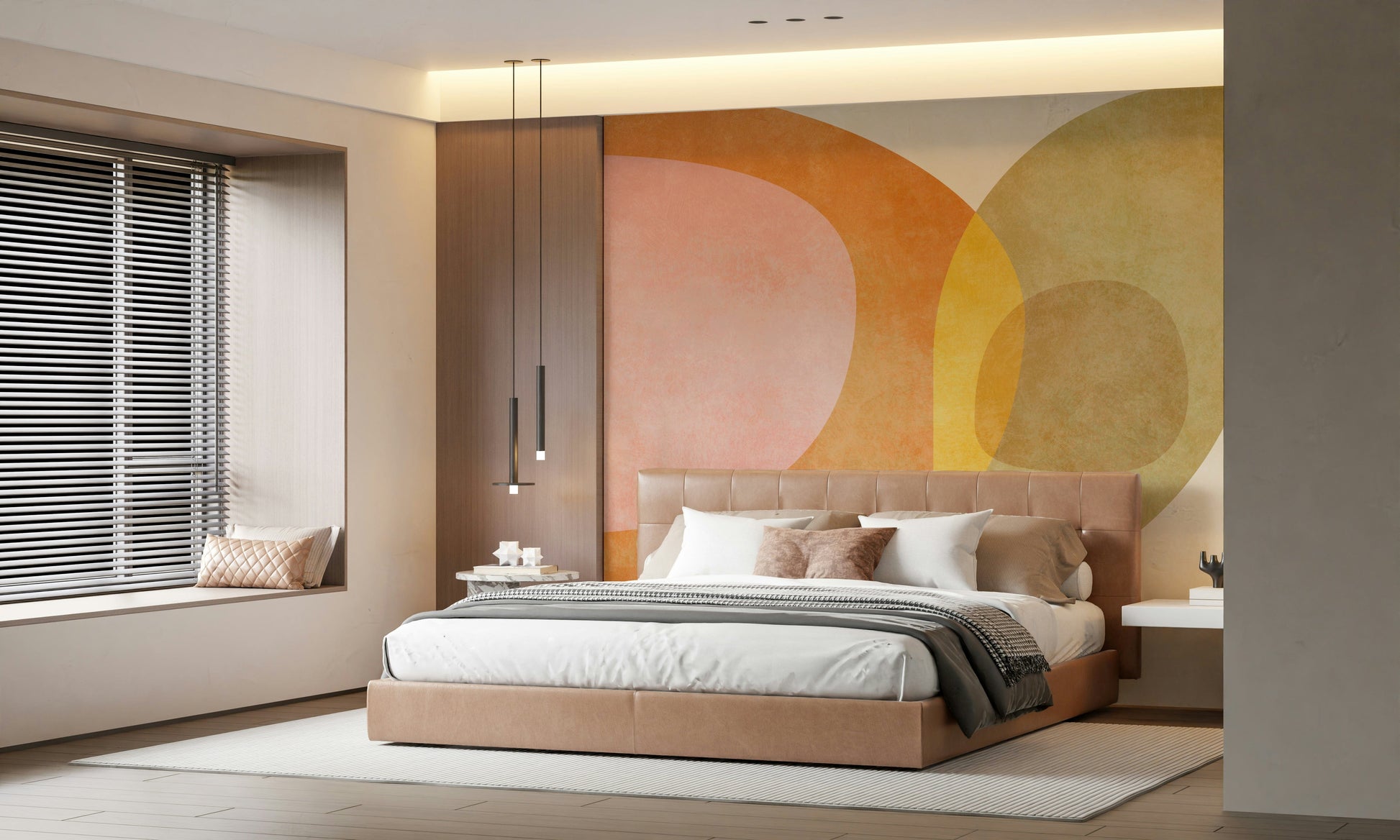 A peaceful modern abstract mural on decorative wallpaper.
