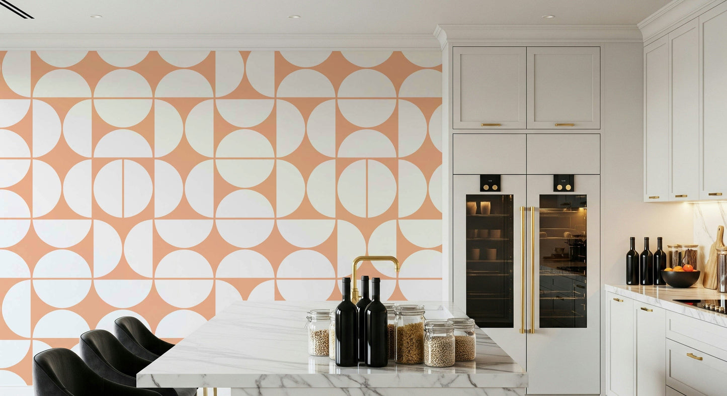 A peaceful modern abstract mural on decorative wallpaper.