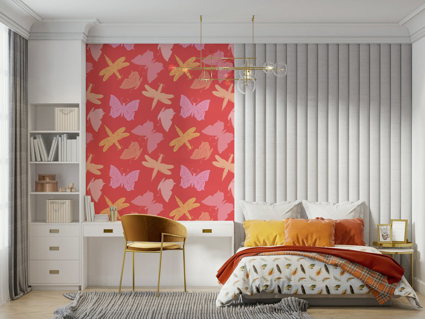 Floral-inspired wallpaper mural highlighting whimsical butterfly shapes in warm pastel palettes.