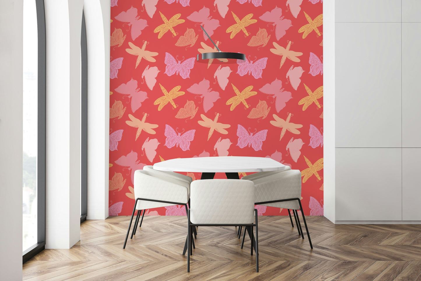 Whimsical butterfly wallpaper mural with stylized wing patterns and soft pastel shades.