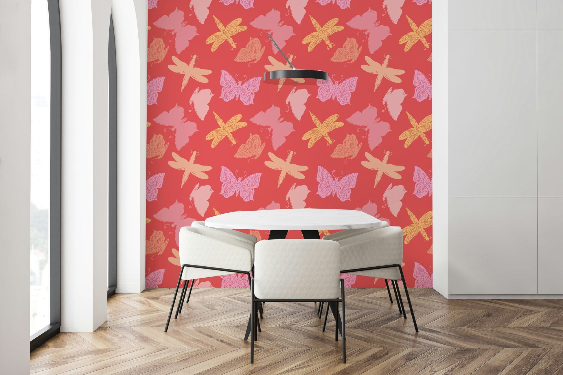 Whimsical butterfly wallpaper mural with stylized wing patterns and soft pastel shades.