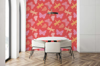 Whimsical butterfly wallpaper mural with stylized wing patterns and soft pastel shades.