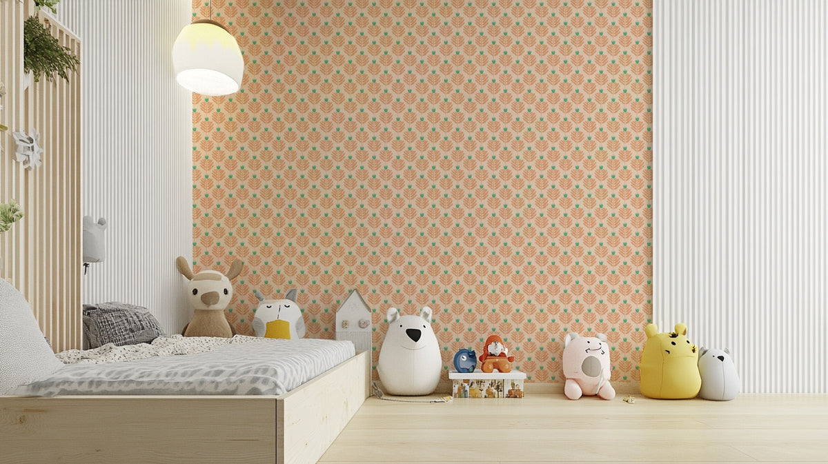 Soft peach chunky plant wallpaper with lush jungle jewel details

