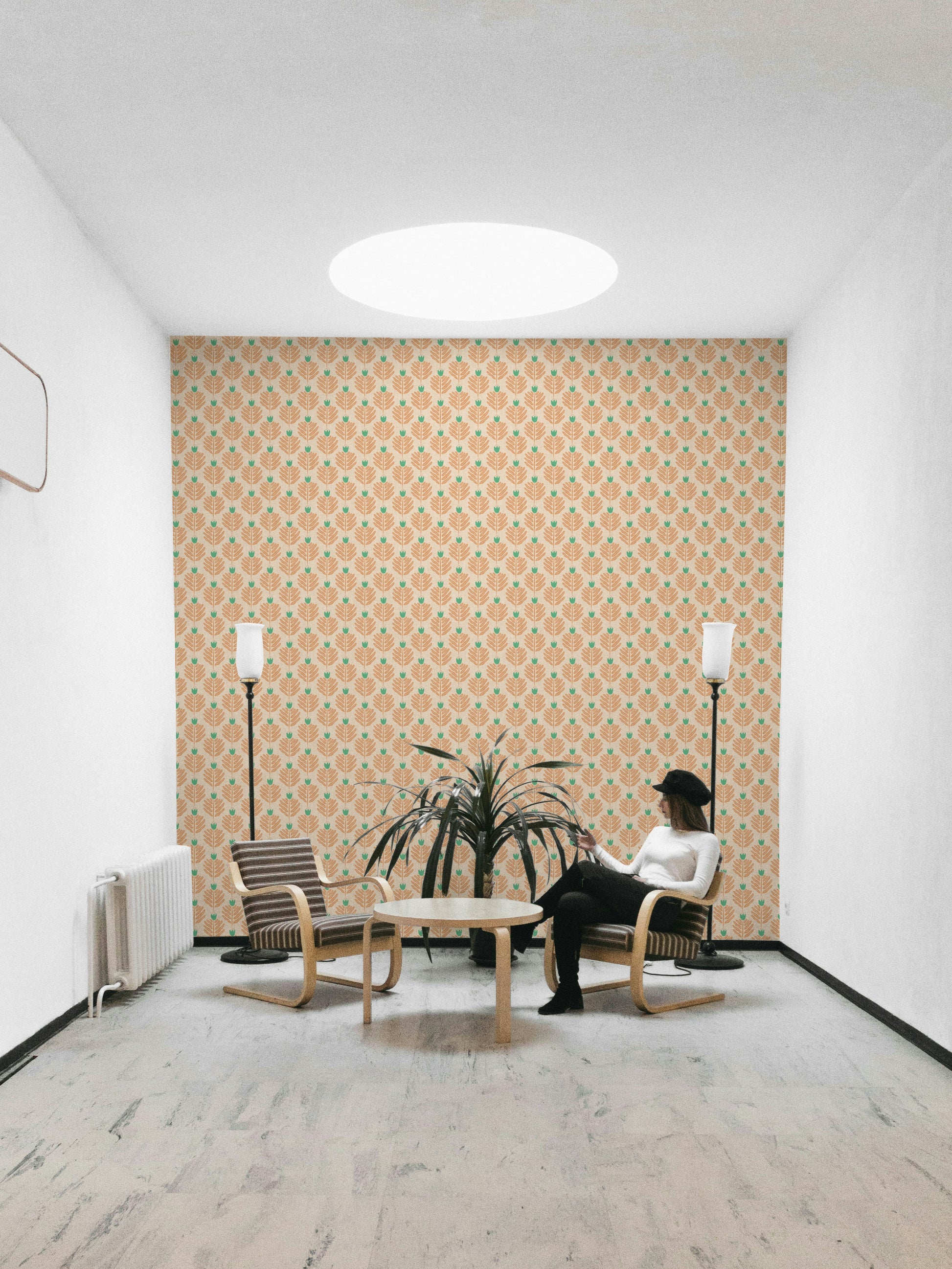 Elegant peach chunky plant wallpaper with jungle-inspired jewel accents

