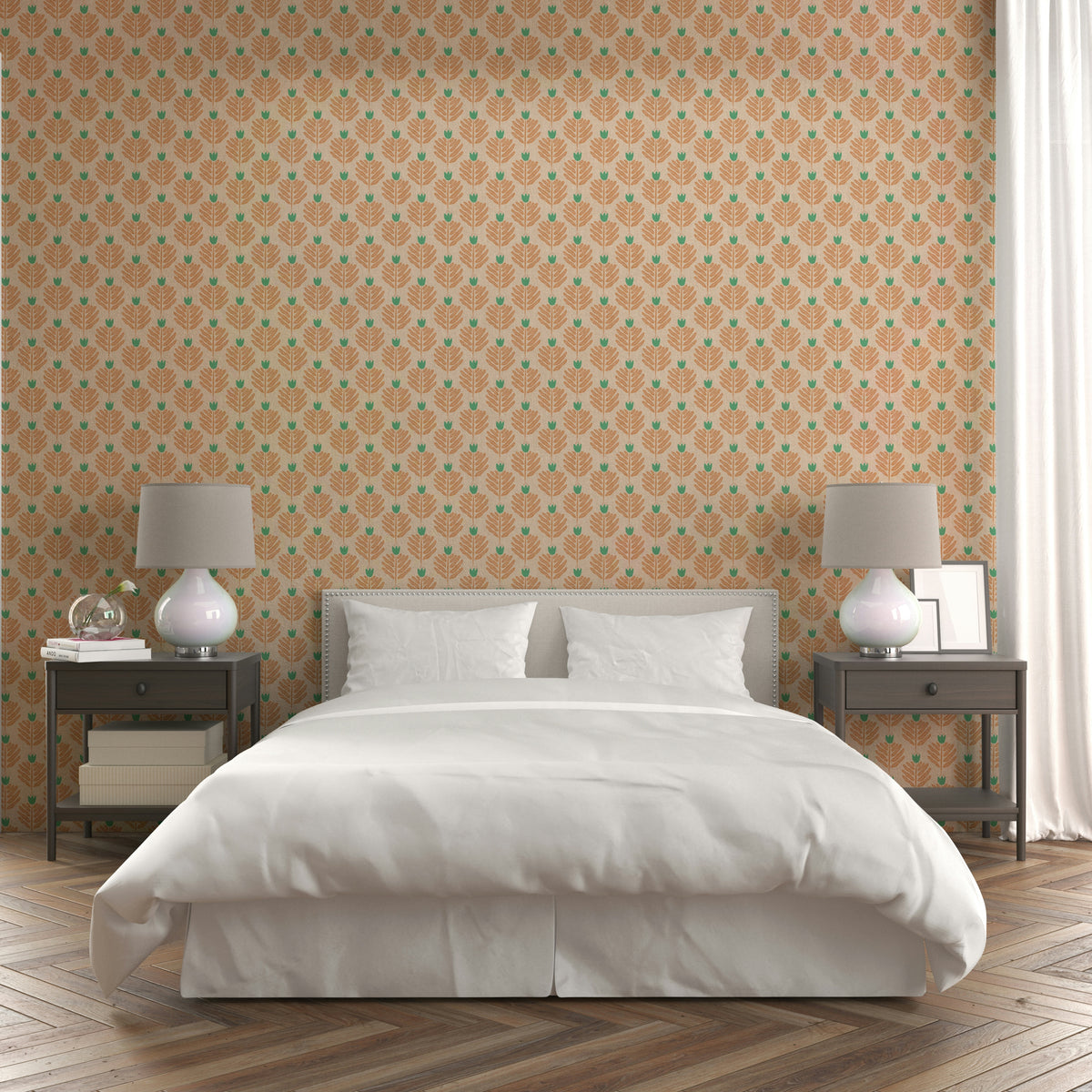 Tropical peach chunky plant wallpaper with rich jewel jungle details

