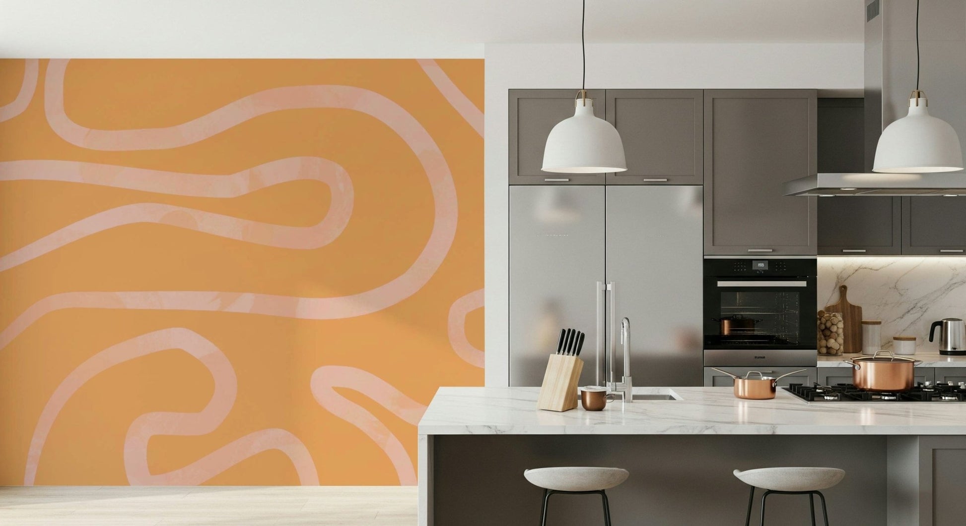 Abstract peel and stick wallpaper smooth meandering wave pattern.