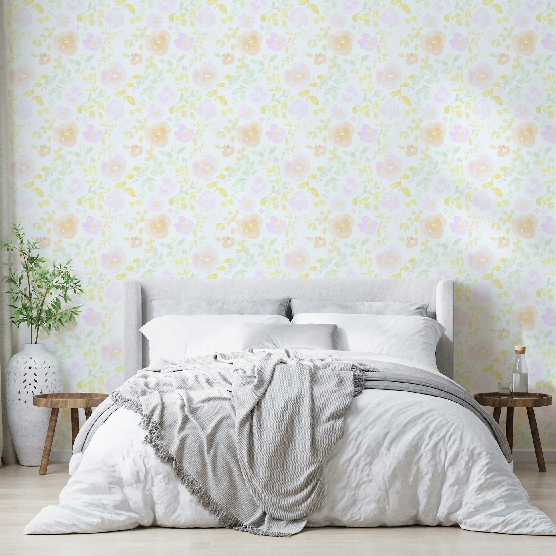 A peaceful flower design mural on decorative wallpaper.

