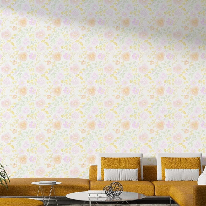 An artistic soft flower mural on minimalist wallpaper.

