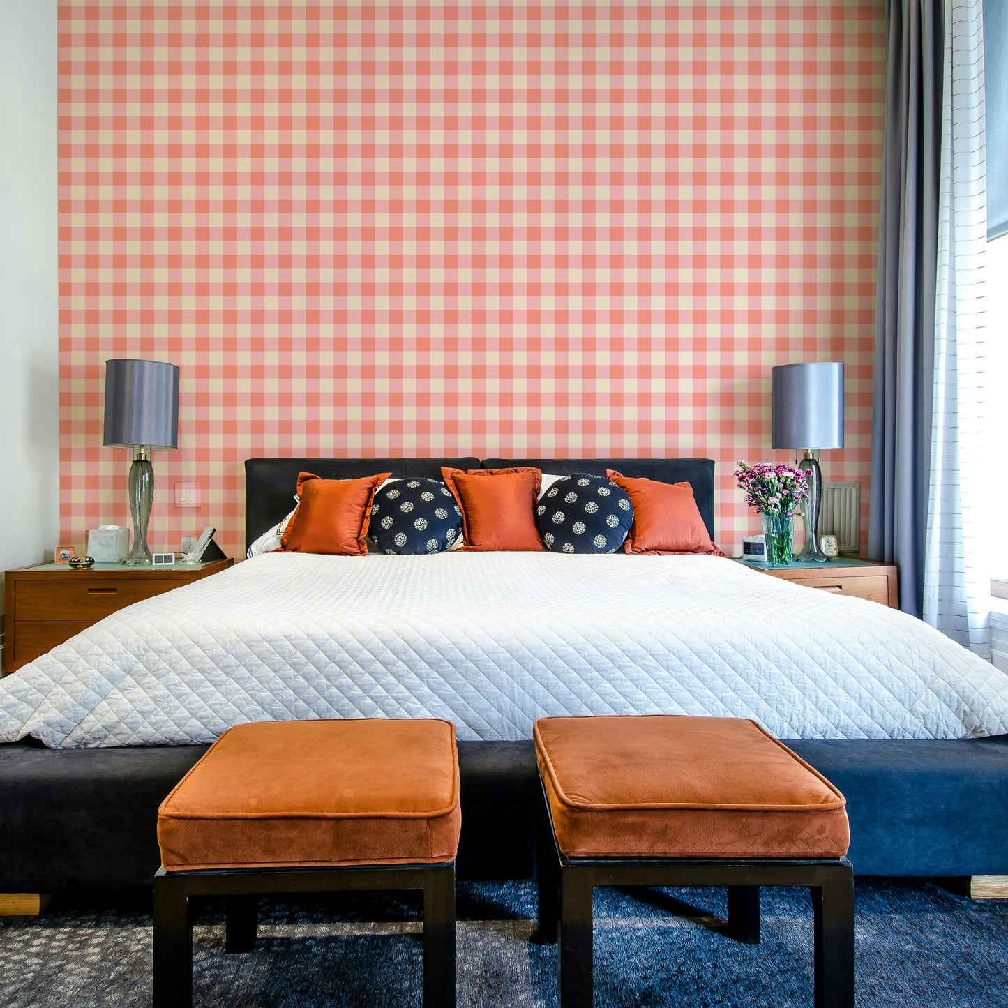 Peach fuzz checkerboard mural with warm feel


