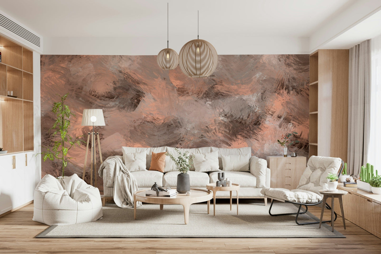 Subtle Canvas wallpaper mural in painterly peach and grey behind a cream sofa and beanbag chair in a living room
