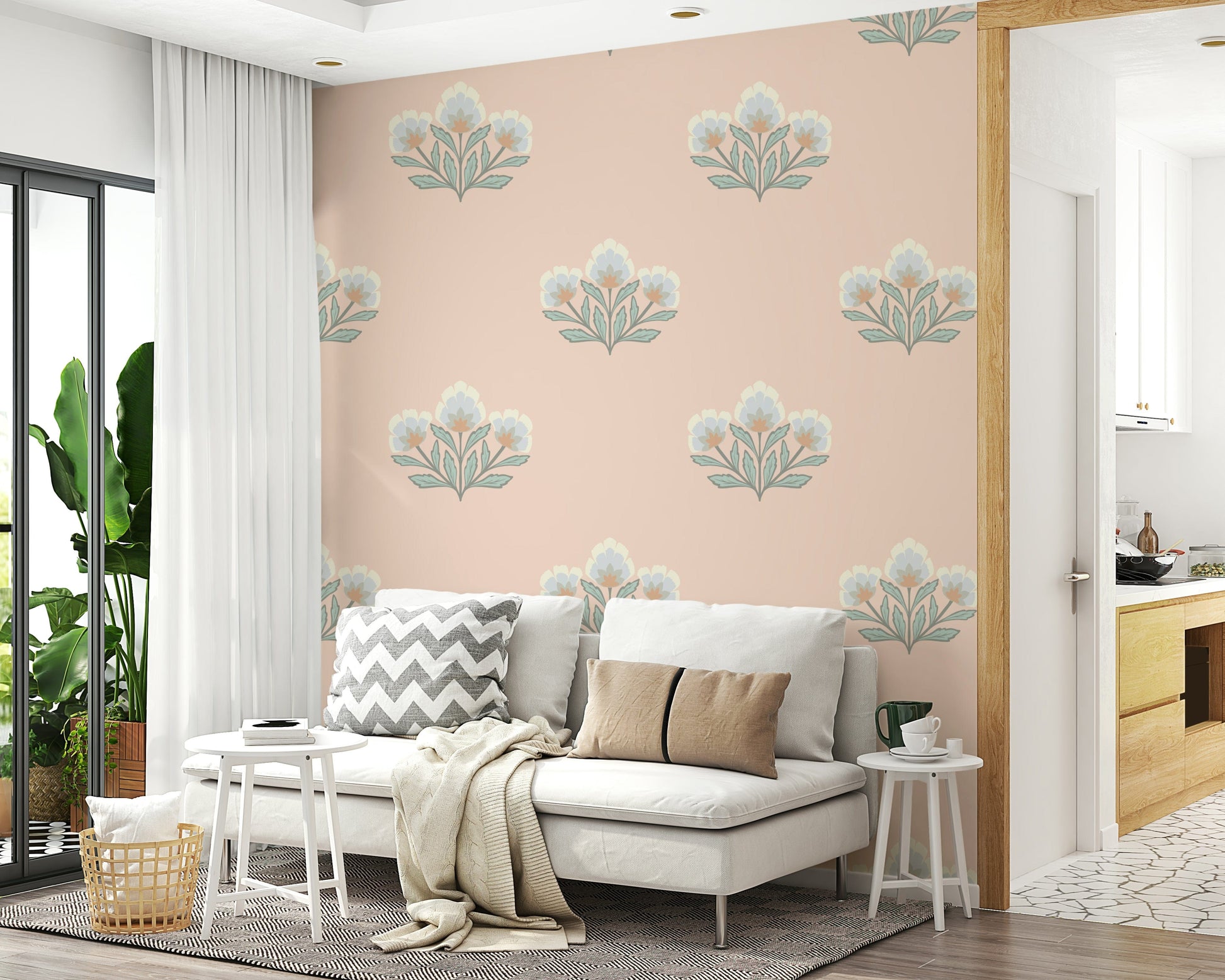 Light airy wall mural stylized primrose bouquet repeat motif.