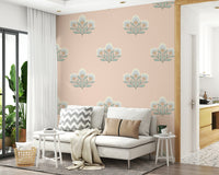 Light airy wall mural stylized primrose bouquet repeat motif.