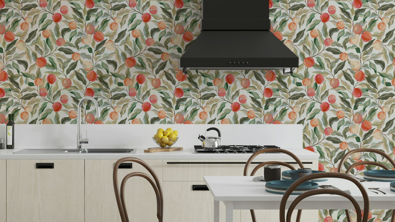 Peaches and painterly cherries wallpaper design


