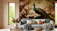 Nursery wall mural with gentle peacock bloom pattern, soft blue green background
