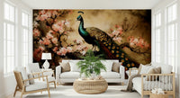 Feature wall with peacock bloom design, soft teal tones, contemporary lounge space