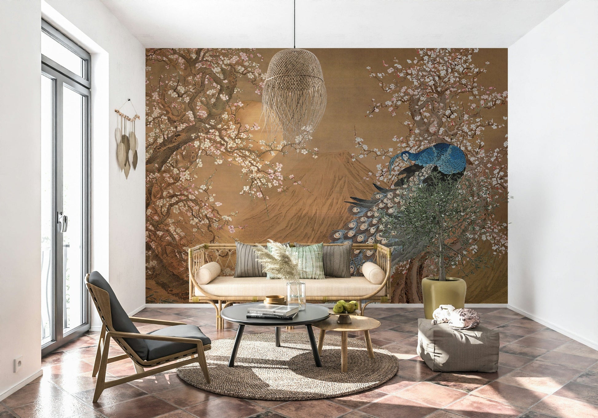 Large peacock feather mural for bedroom headboard wall, bold colors, statement backdrop