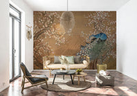 Large peacock feather mural for bedroom headboard wall, bold colors, statement backdrop