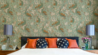 Ornate peacock wallpaper in green and mustard for a modern home styling project.