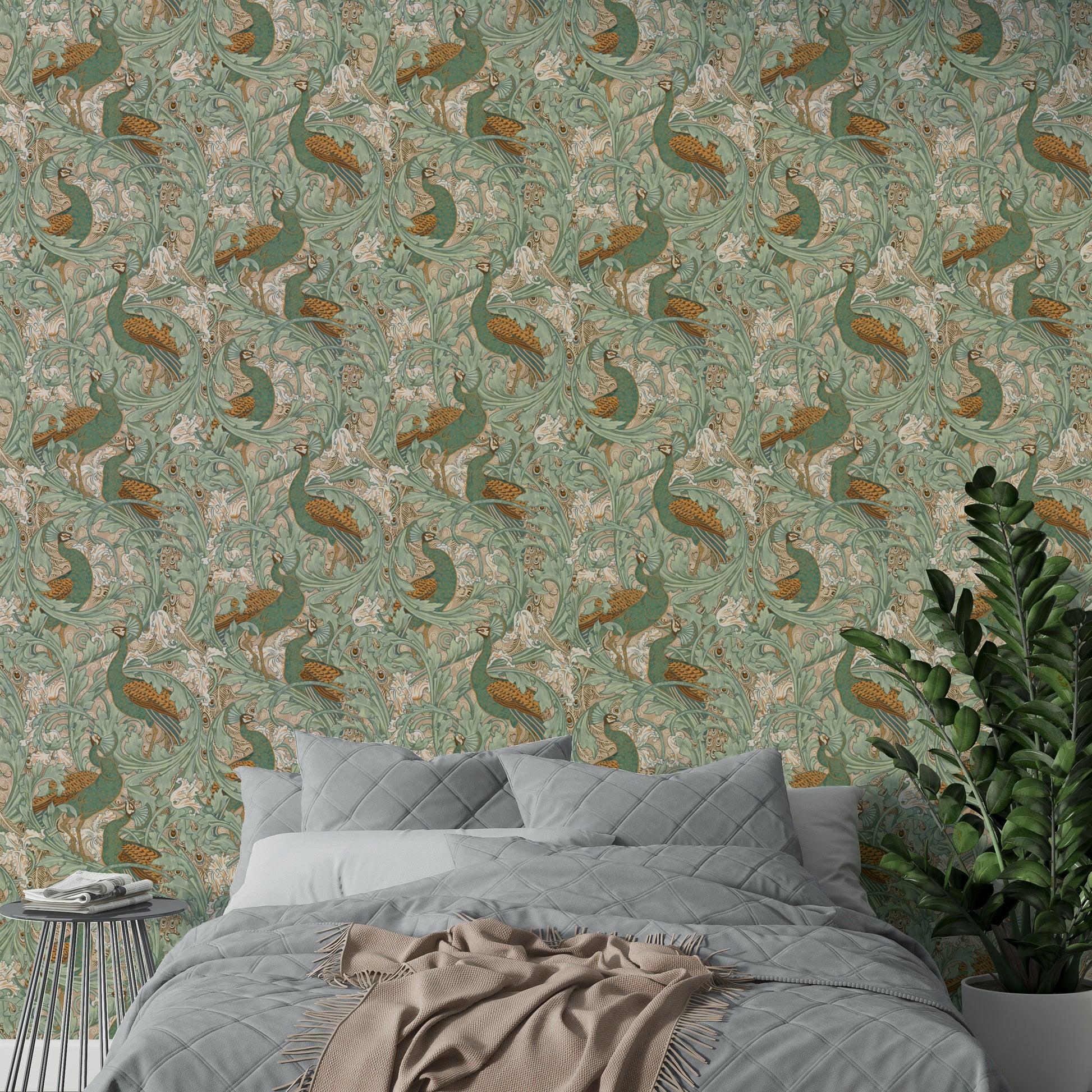 Elegant peacock wall decor for a guest suite with a mid-century modern aesthetic.