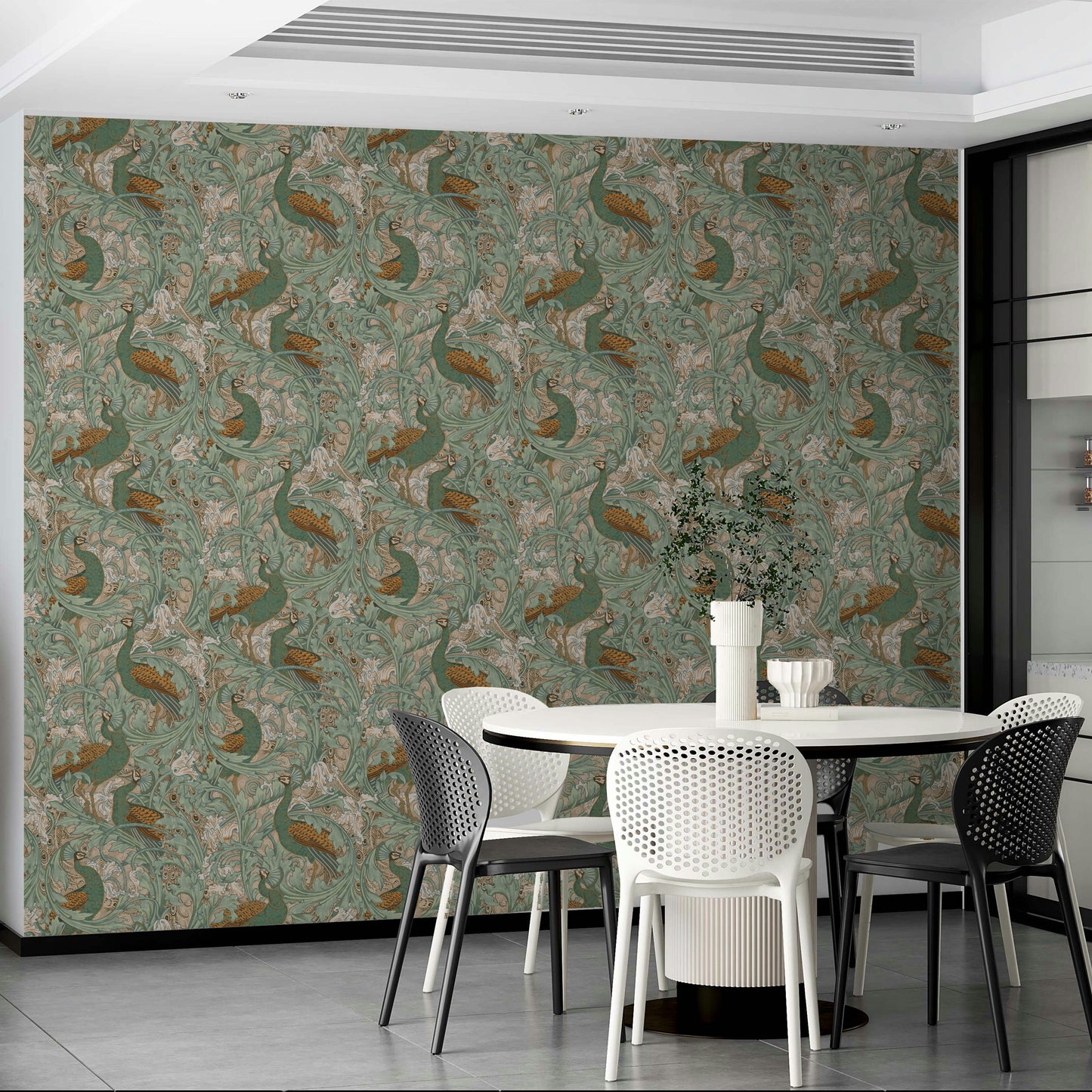 Vintage bird illustration wallpaper for a family home with a neutral colour scheme.