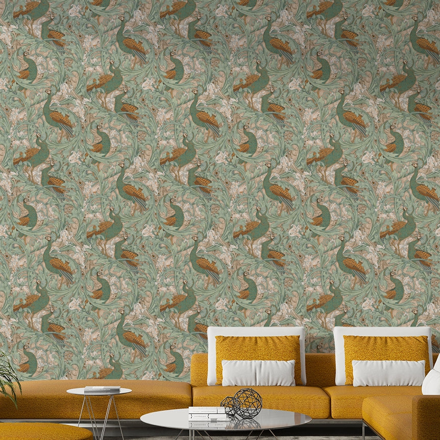 Peacock Garden by Walter Crane design for a professional office with a green theme.