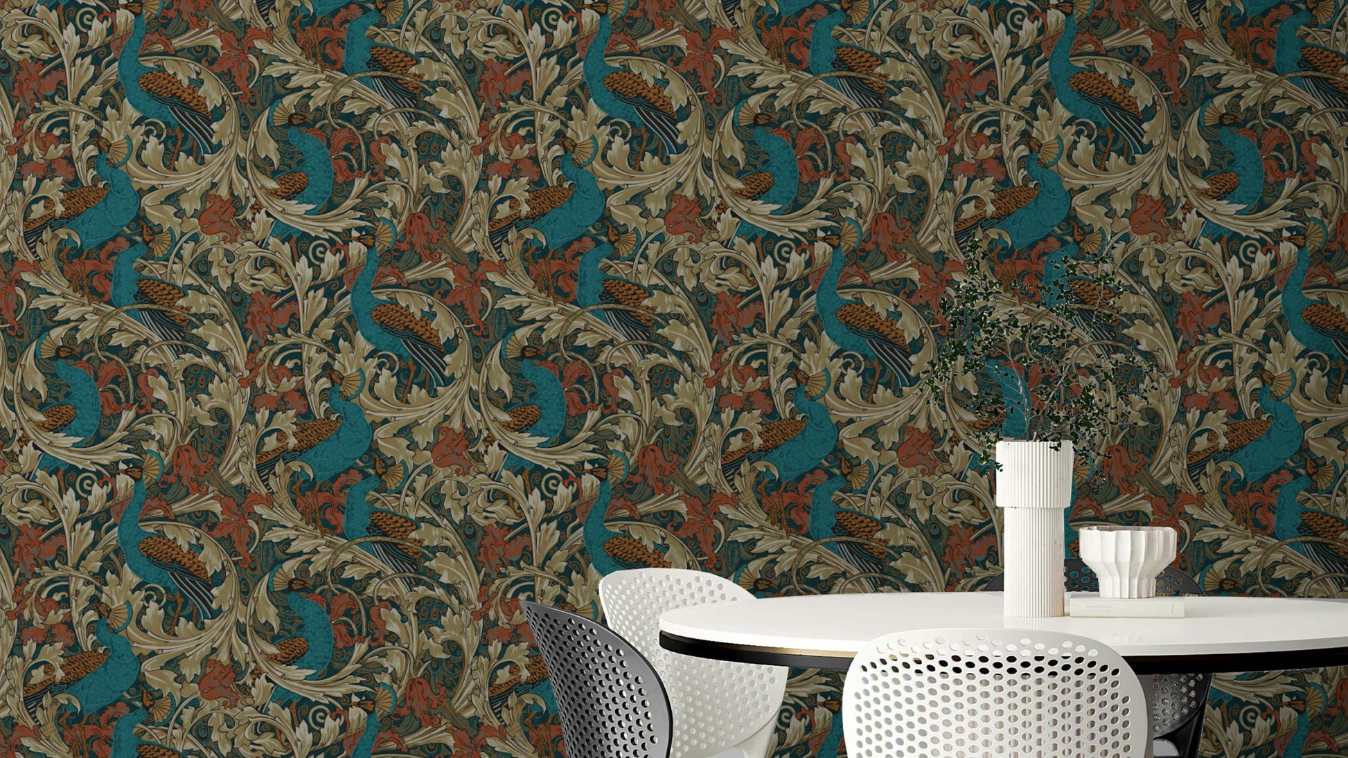 Walter Crane Peacock Garden wallpaper in teal and rust for a modern living room