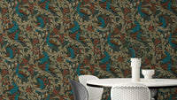 Walter Crane Peacock Garden wallpaper in teal and rust for a modern living room