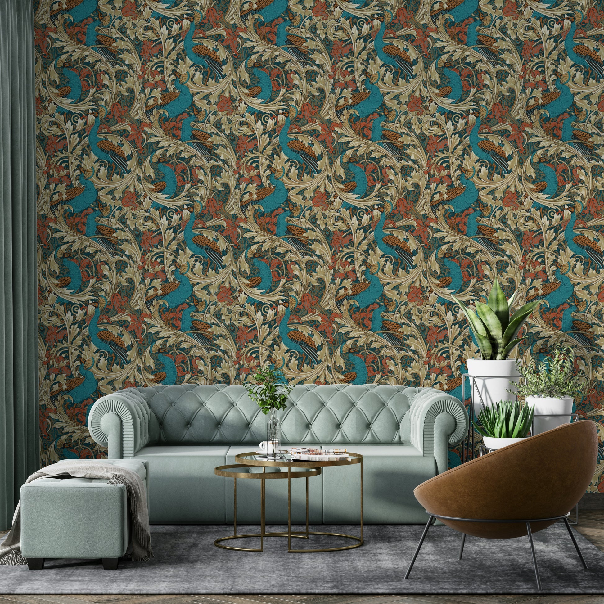 Detailed teal and mustard bird pattern wallpaper for a primary suite