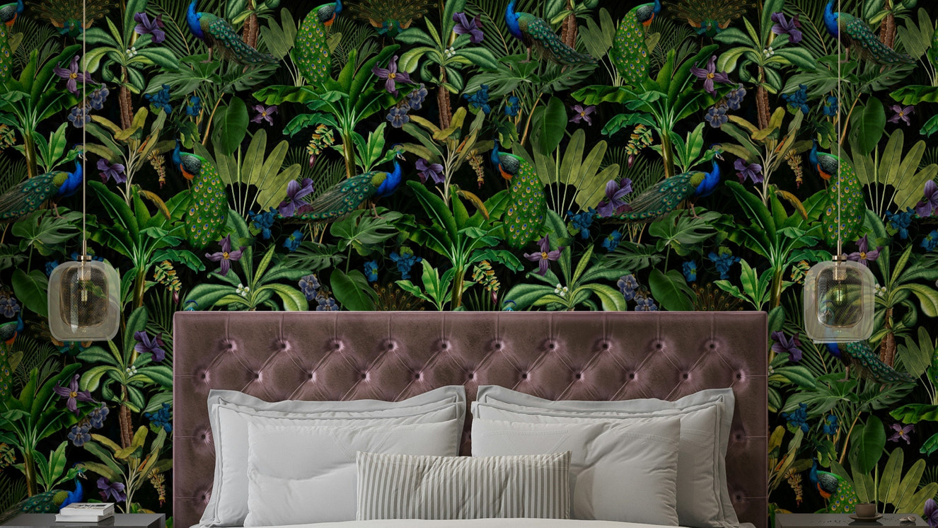Peacock Midnight Paradise Wallpaper featuring vibrant peacock feathers.

