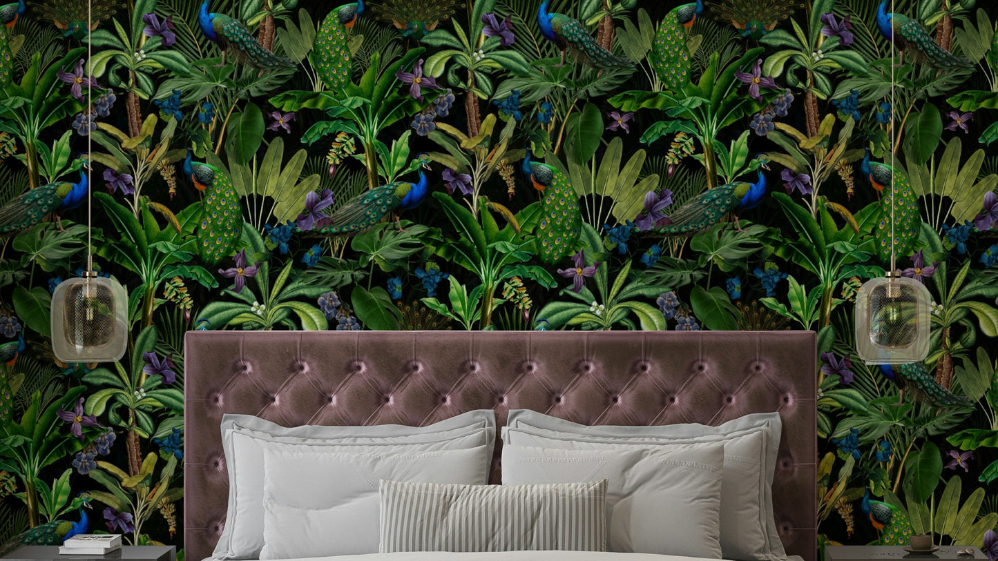 Peacock Midnight Paradise Wallpaper featuring vibrant peacock feathers.

