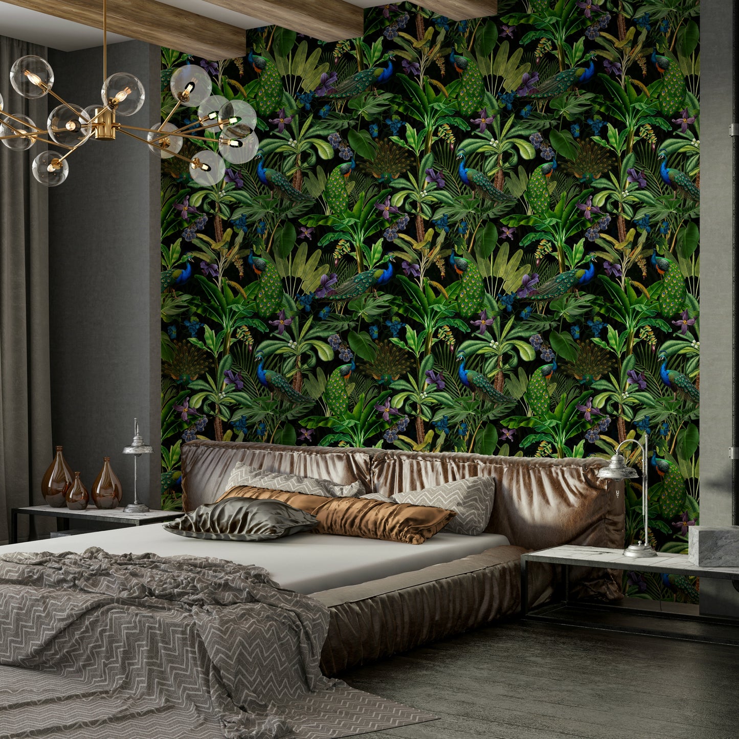 Rich peacock feather wallpaper mural with dark, moody tones and intricate details.

