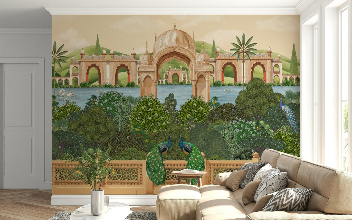 Colorful peacock mural artwork on a living room feature wall