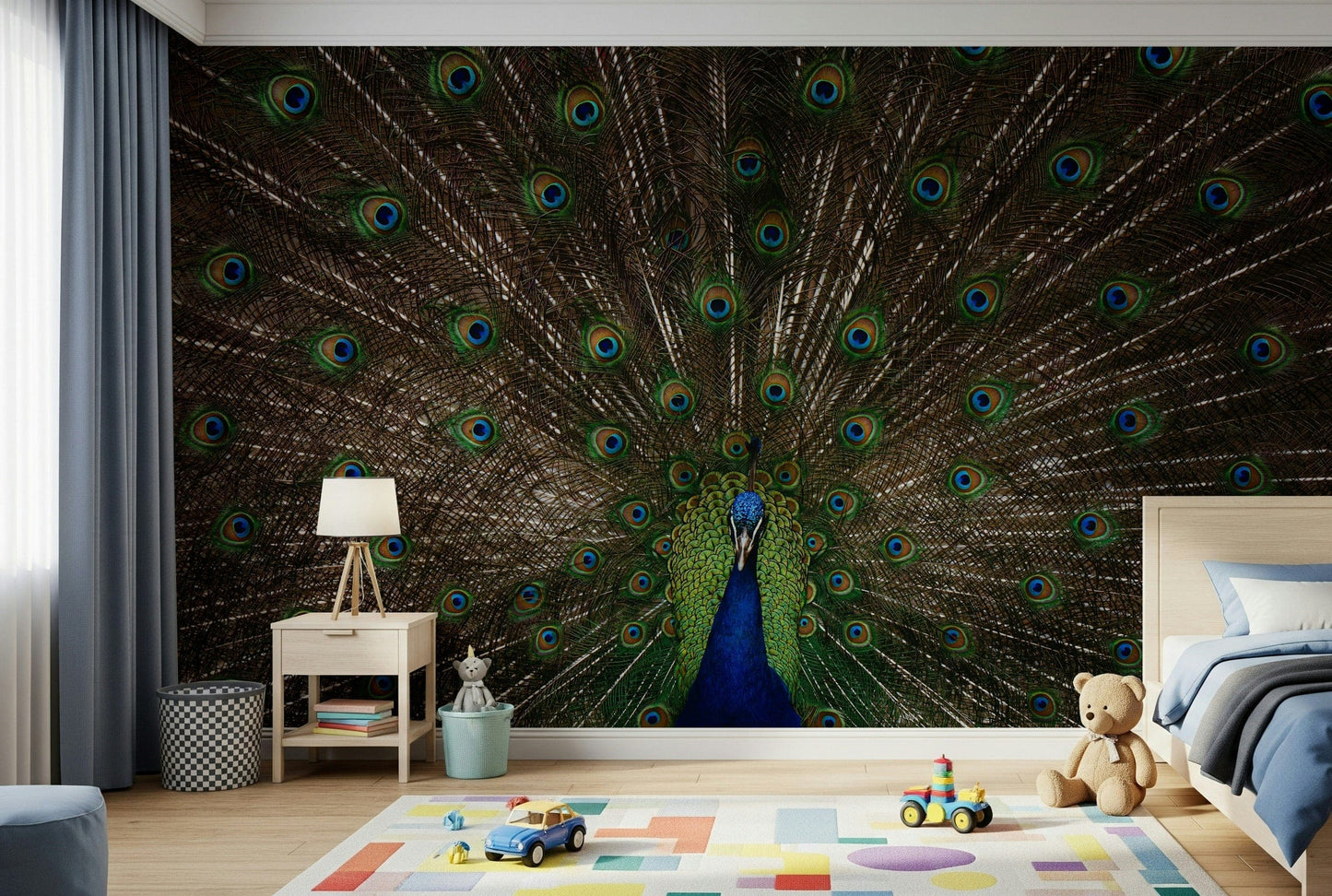 Colorful peacock mural with detailed plumage for living rooms or bedrooms.