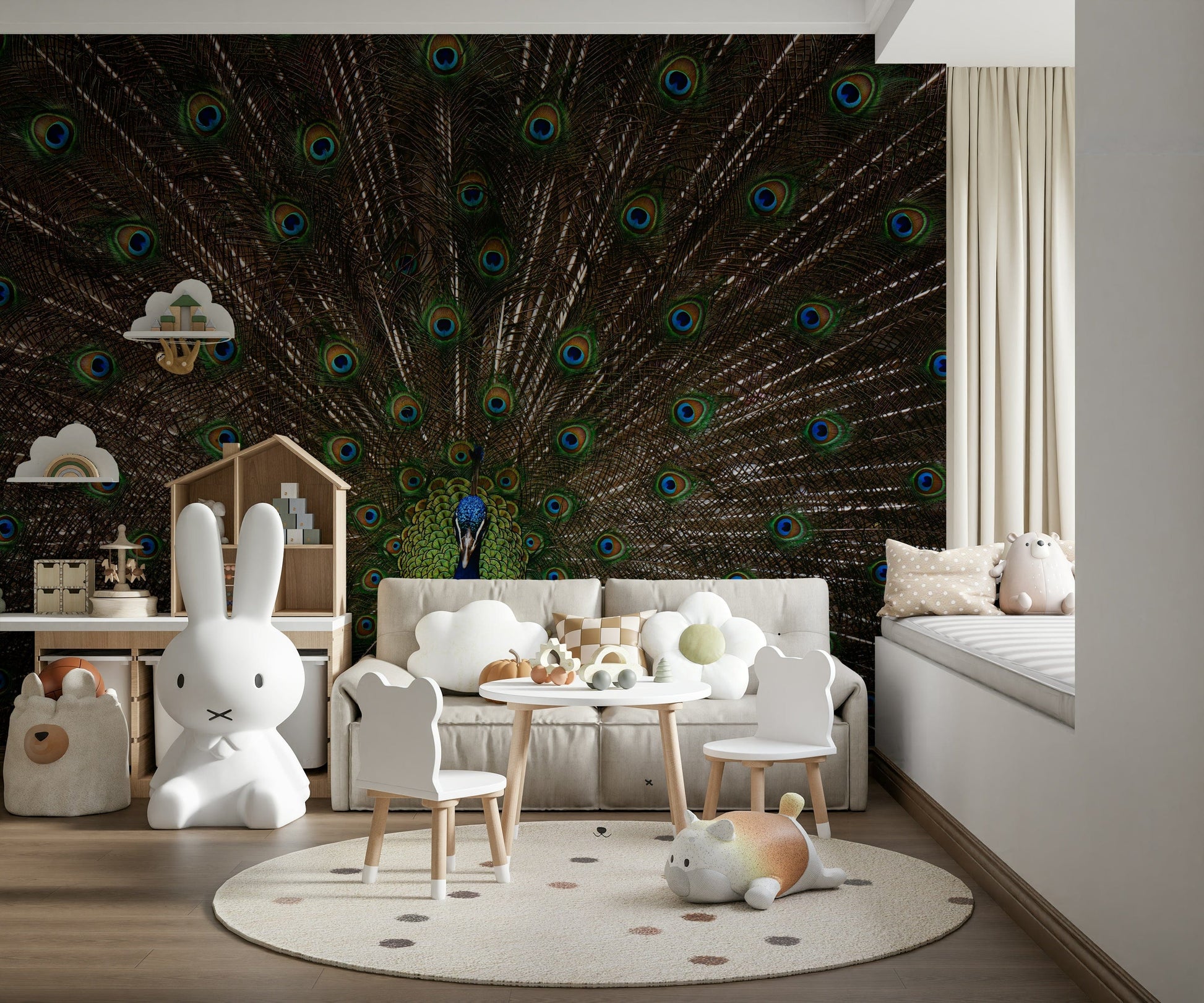 Peacock-themed wallpaper with intricate feather patterns and jewel tones.