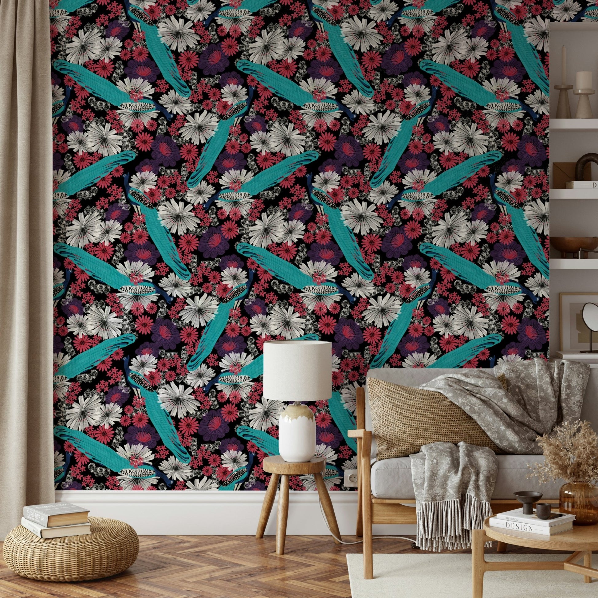 Decorative wallpaper with black and gold peacocks

